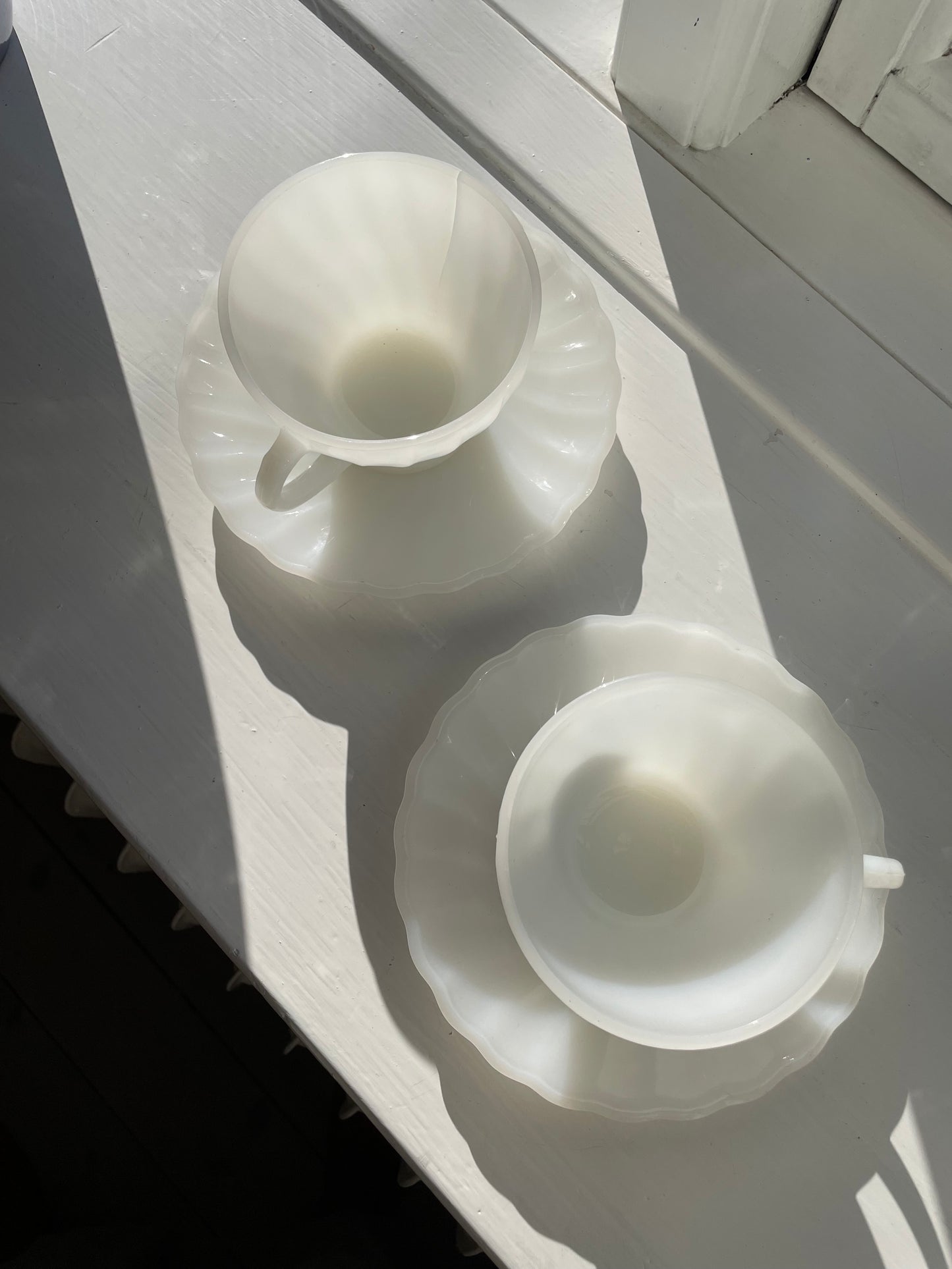 Anchor Hocking tea cups in white opal glass