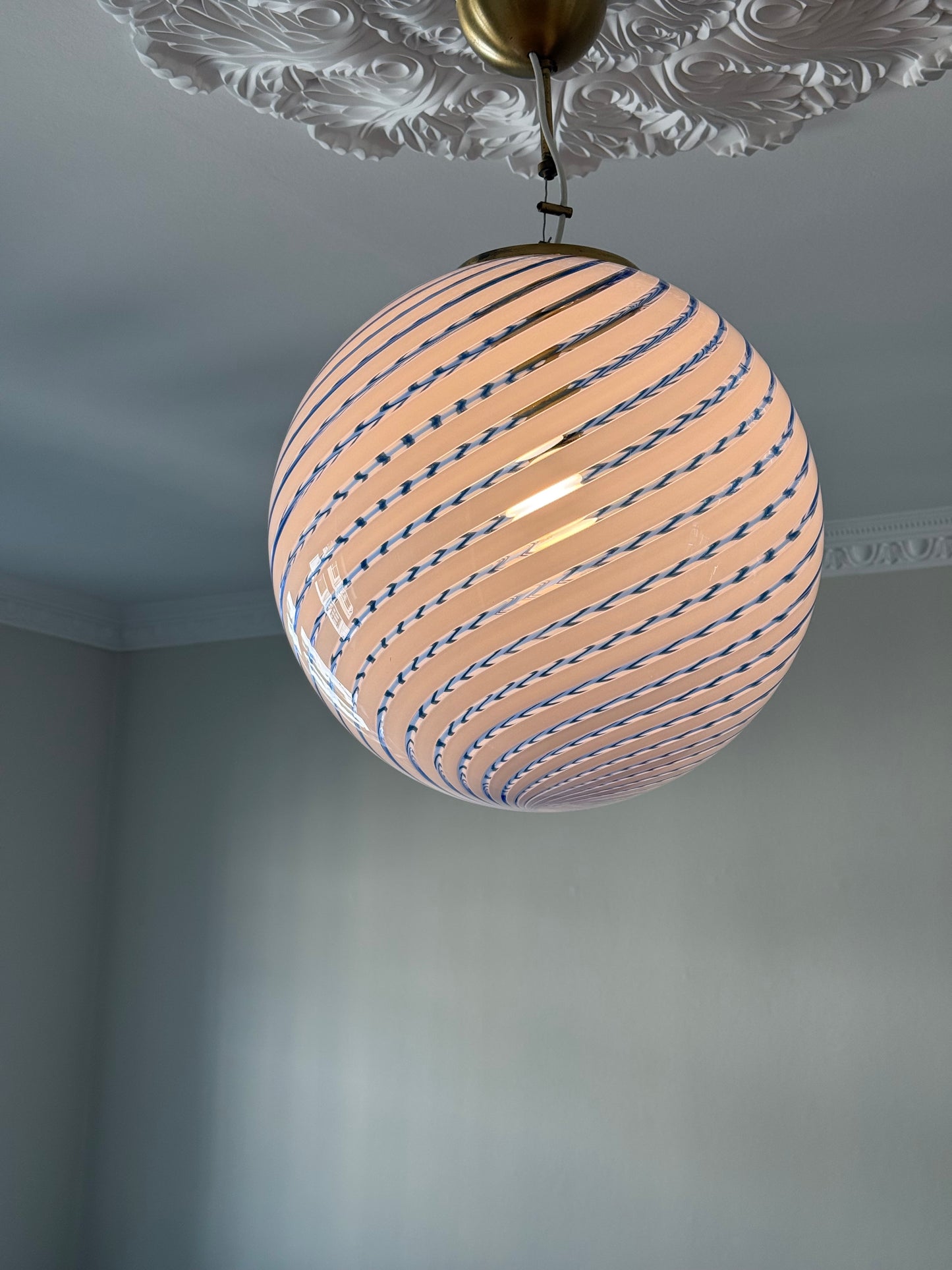 Vintage murano pendel loftlampe klart glas med blå swirl 40cm