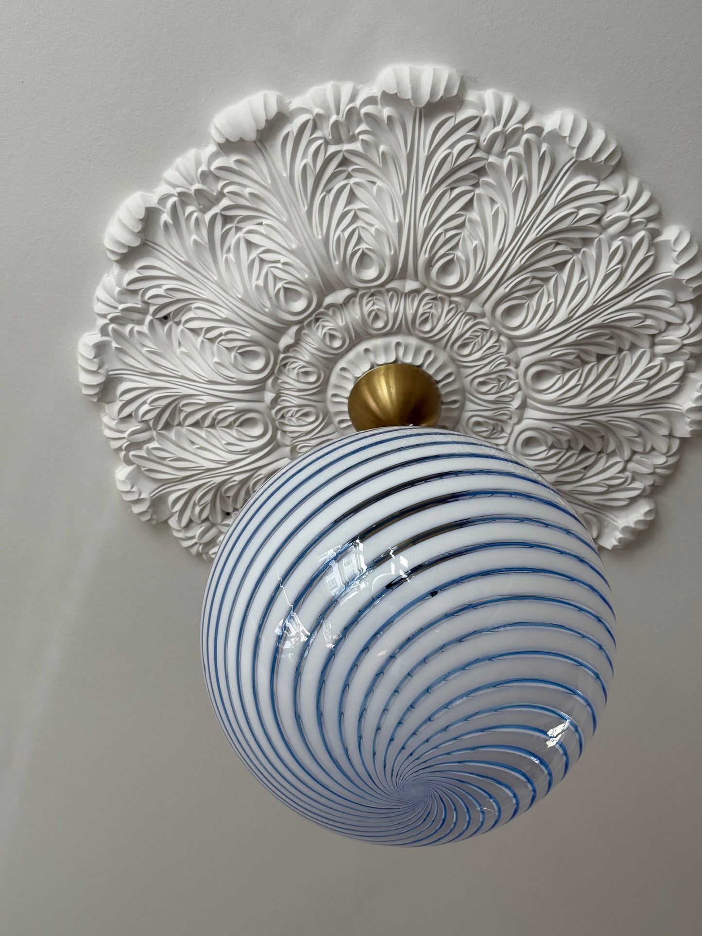 Vintage murano pendel loftlampe klart glas med blå swirl 40cm
