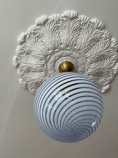 Vintage murano pendel loftlampe klart glas med blå swirl 40cm