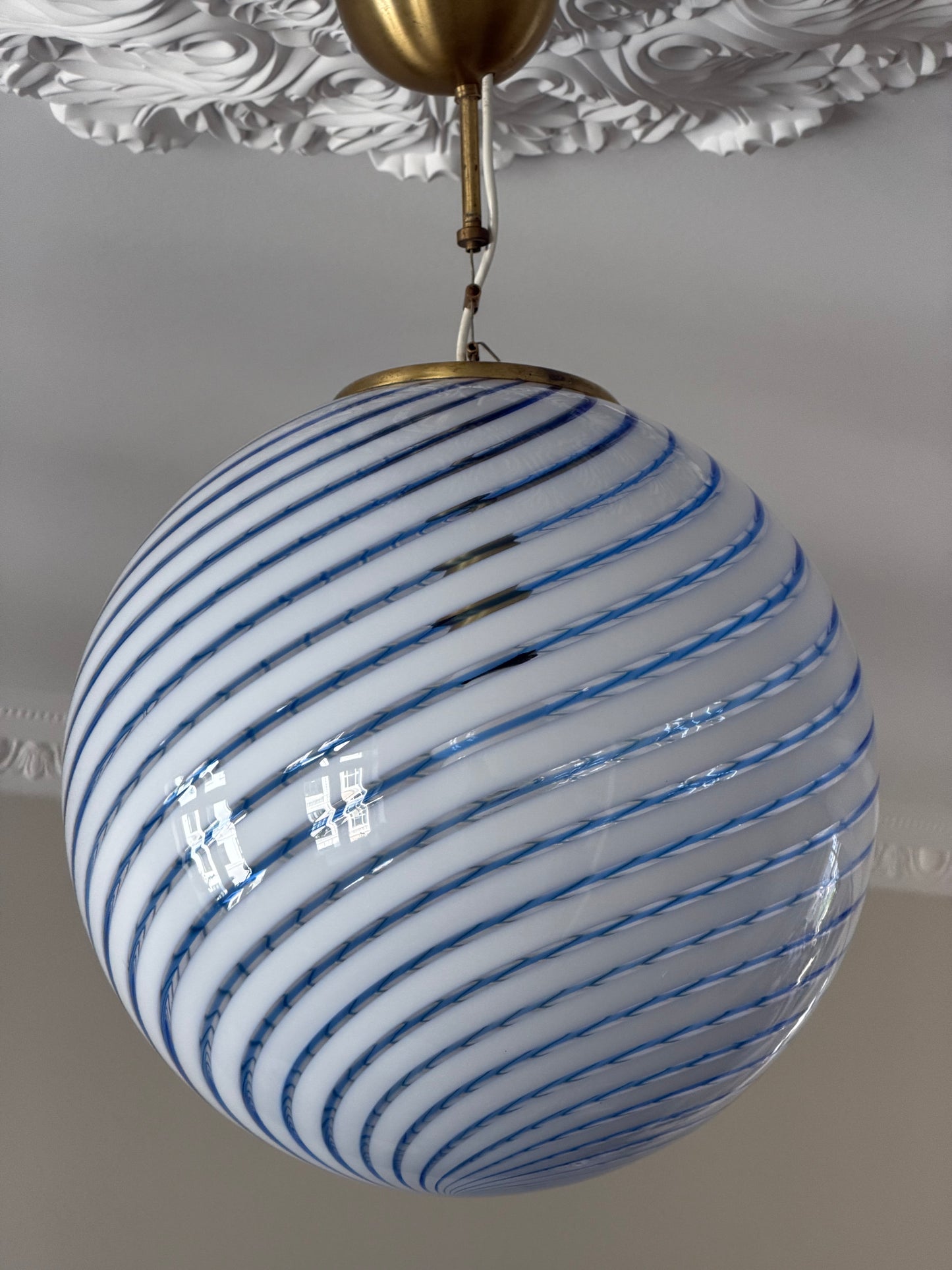 Vintage murano pendel loftlampe klart glas med blå swirl 40cm
