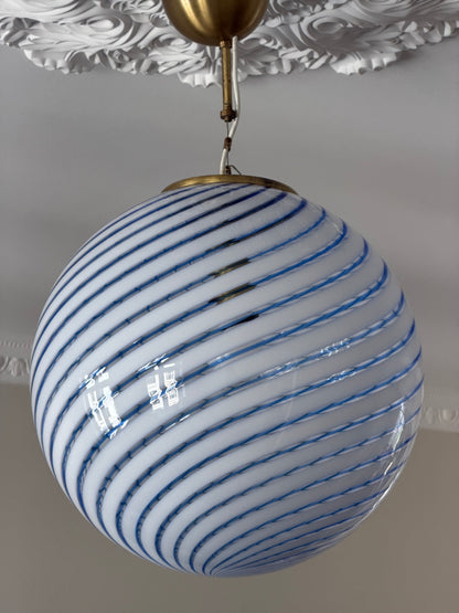 Vintage murano pendel loftlampe klart glas med blå swirl 40cm