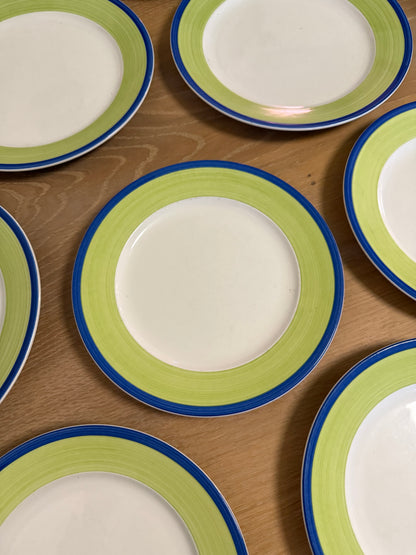 Frokost og middagstallerkener med grøn og blå kant