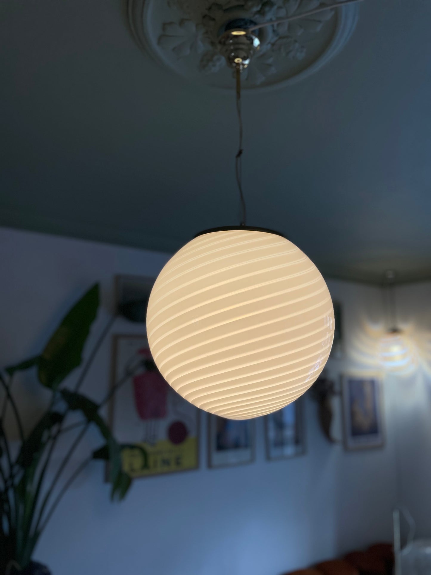 White swirl vintage Vetri Murano pendant light 35cm