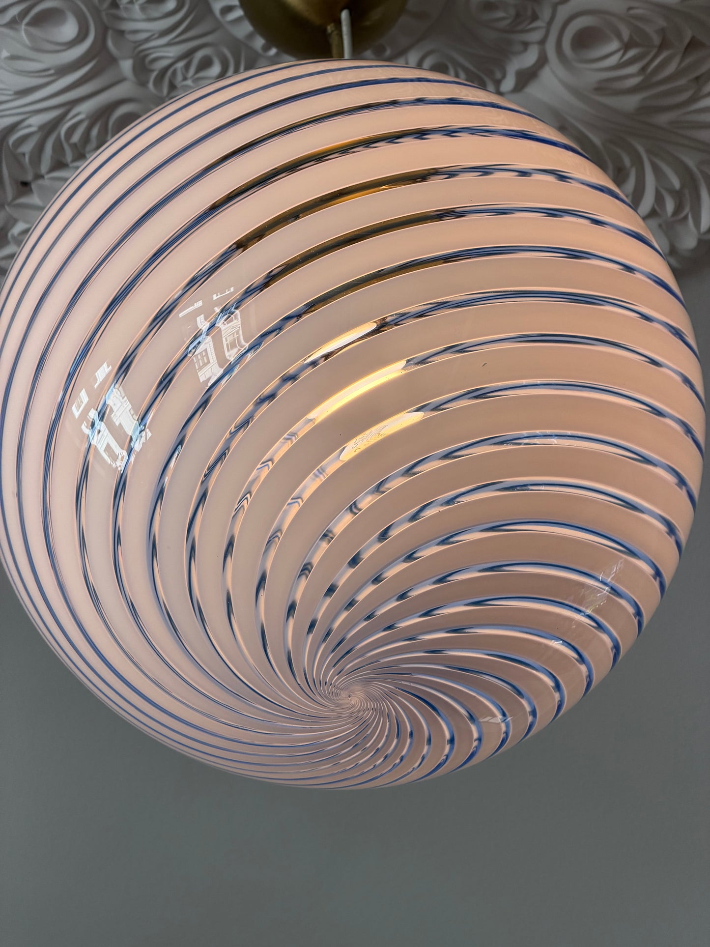 Vintage murano pendel loftlampe klart glas med blå swirl 40cm