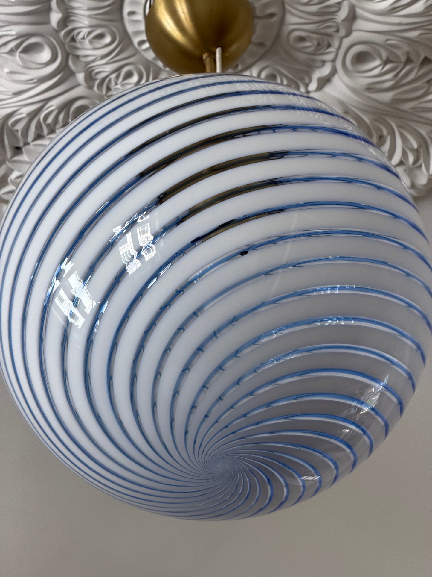 Vintage murano pendel loftlampe klart glas med blå swirl 40cm