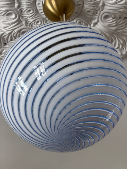 Vintage murano pendel loftlampe klart glas med blå swirl 40cm
